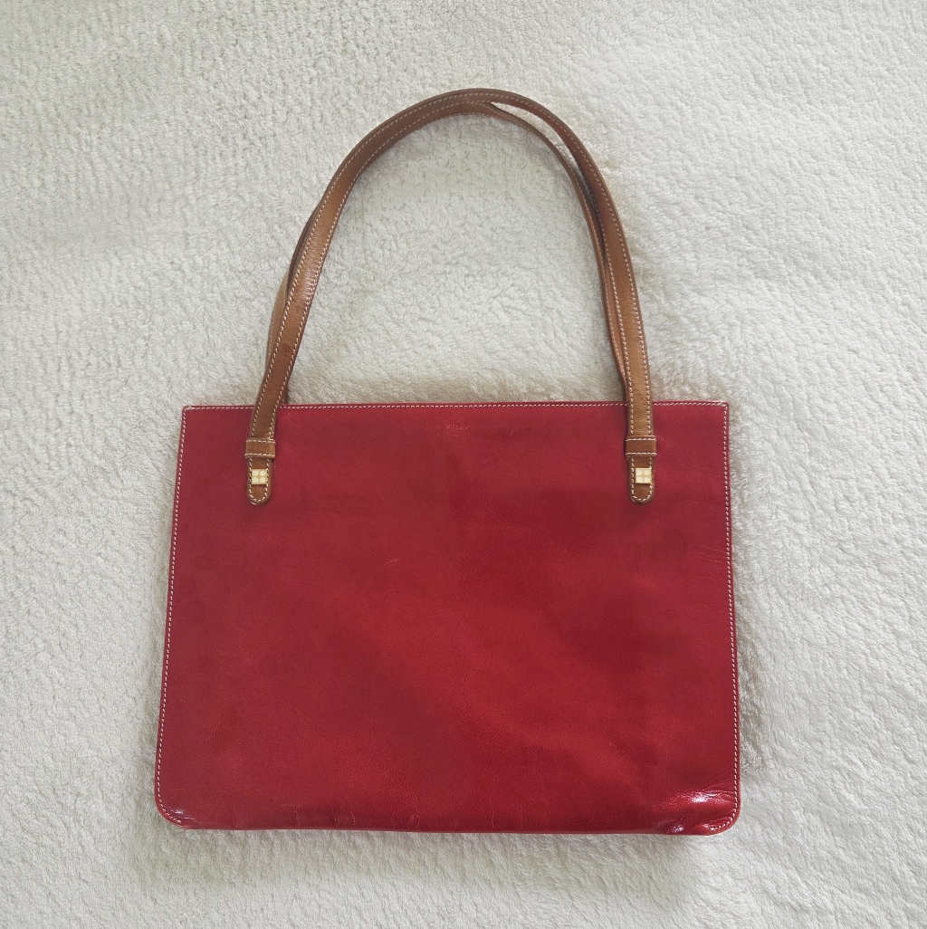 Vintage Kate Spade Classic Red Leather Tote With Tan Handles Made In Italy